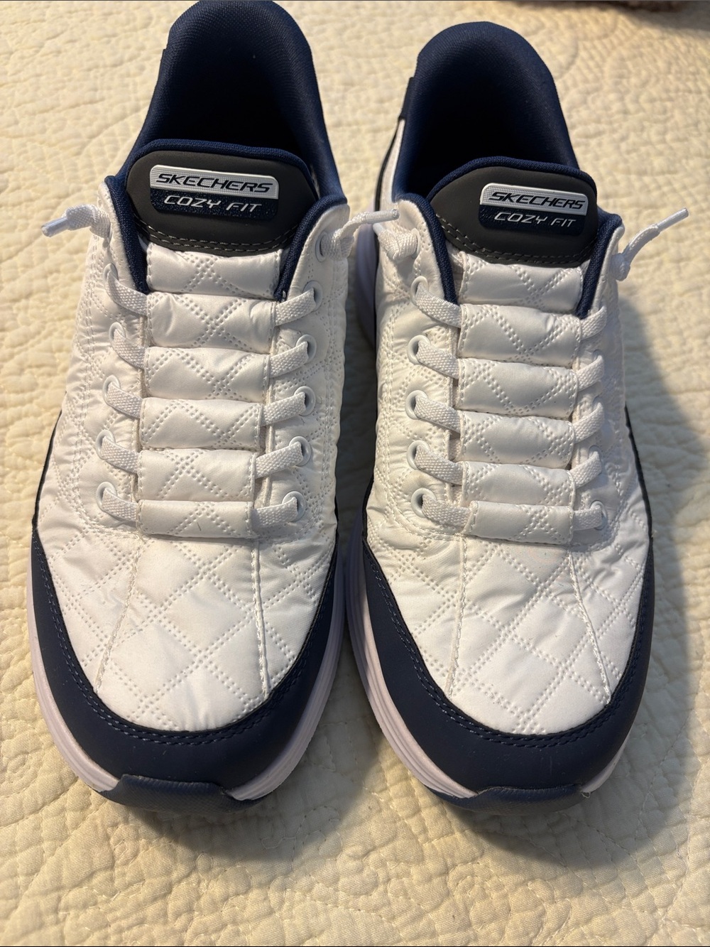 Skechers Women’s White & Navy Quilted Cozy Fit Slip-On Sneakers